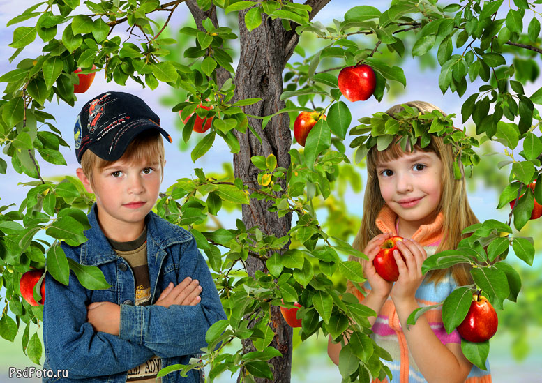 коллаж детский под яблоней