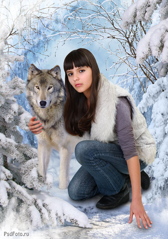 коллаж волк девушка зимний пейзаж снежные деревья