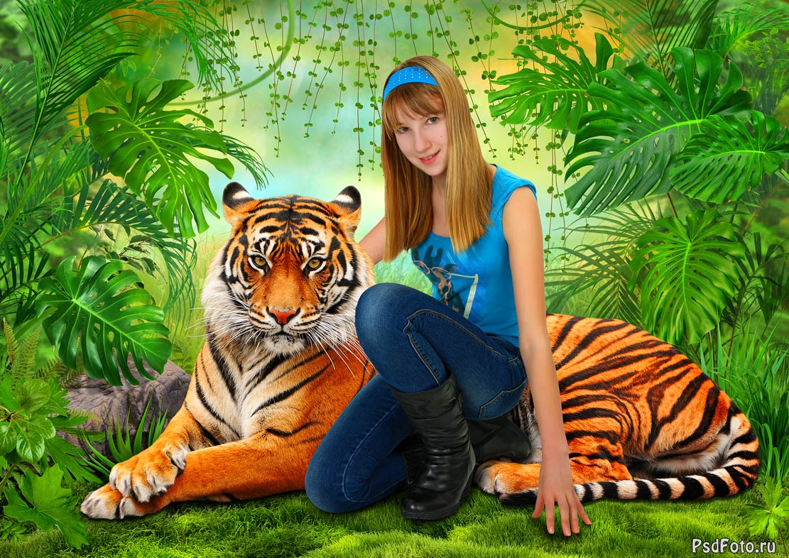 коллаж с тигром тропический джунгли лианы 